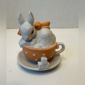 Vintage‎ Ceramic Bunny Rabbit in Orange Polka Dot Teacup Figurine Easter Decor